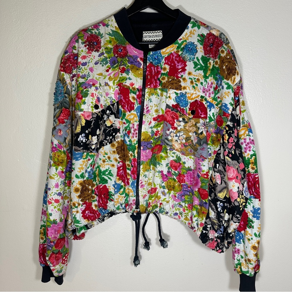 Cotton Express Women's‎ M Vintage Floral Jacket Multicolor Patchwork Sequin Boho